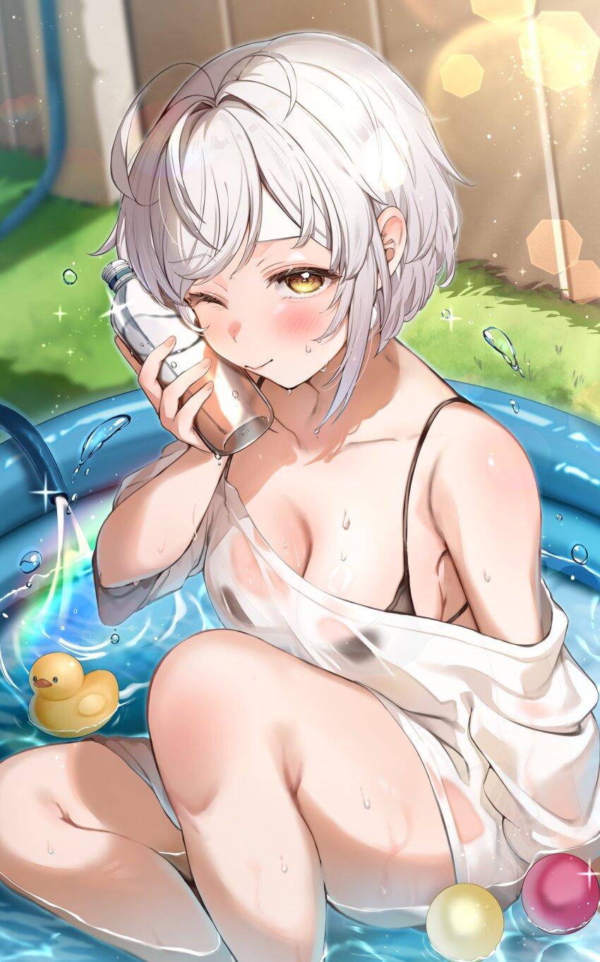 1girl absurdres bikini bikini_under_clothes black_bikini bottle breasts cleavage closed_mouth collarbone commentary_request highres holding holding_bottle hose large_breasts lens_flare looking_at_viewer one_eye_closed original paragasu_(parags112) rubber_duck shirt short_hair solo swimsuit wading_pool water wet wet_clothes wet_shirt white_hair white_shirt yellow_eyes