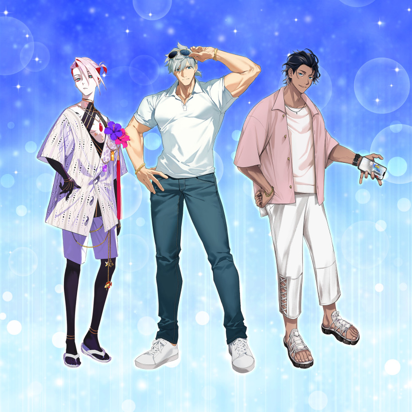 3boys adjusting_eyewear bartholomew_roberts_(fate) bartholomew_roberts_(smiley_summer_wear)_(fate) bishounen black_hair blue_background blue_eyes bracelet cellphone chain chest_jewel closed_mouth colored_inner_hair cross cross_necklace dark-skinned_male dark_skin denim eyeshadow eyeshadow_under_eye eyewear_on_head fate/grand_order fate_(series) full_body game_cg gold_chain gold_choker gold_necklace grey_hair hair_between_eyes hand_on_own_hip hand_up highres holding holding_phone jeans jewelry karna_(fate) karna_(summer_outfit)_(fate) large_pectorals looking_at_viewer makeup male_focus multicolored_hair multiple_boys muscular muscular_male necklace official_alternate_costume official_alternate_hairstyle official_art open_clothes open_shirt pale_skin pants partially_unbuttoned pectorals percival_(fate) percival_(summer_knight_outfit)_(fate) phone pink_shirt polo_shirt ponytail red_eyeshadow red_hair sandals shirt short_hair short_ponytail short_sleeves shorts smartphone smile sparkle_background standing tachi-e transparent_background watch white_hair white_pants white_shirt white_shorts white_sneakers wristwatch