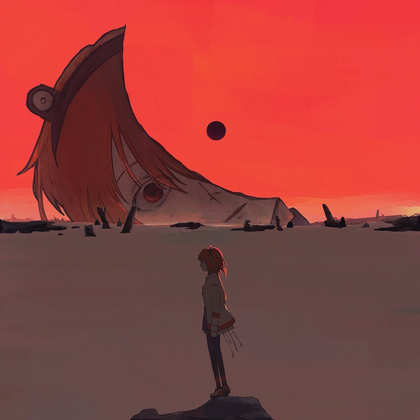 2girls a.i._voice adachi_rei black_pantyhose corpse desert dual_persona eiri7hamono from_side giant giantess grey_skirt hair_ribbon headlamp heel_up highres jacket looking_at_viewer medium_hair meme meme_attire multiple_girls neon_genesis_evangelion netsu_ijou_(utau) on_rock one_side_up orange_eyes orange_hair orange_sky outdoors pantyhose parody parted_lips partially_buried profile ribbon shoes skirt sky sneakers split_head standing standing_on_rock surreal the_end_of_evangelion utau white_jacket white_ribbon wide-eyed wide_shot