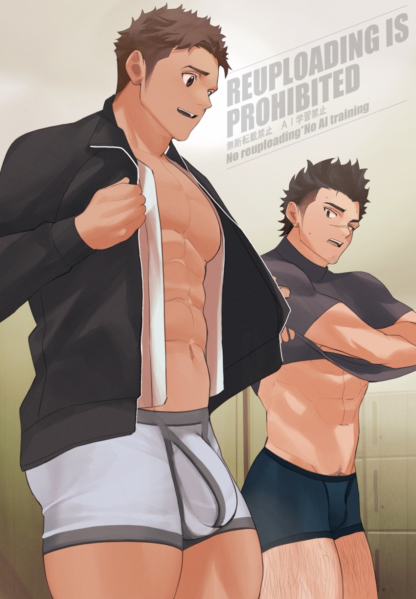 2boys abs bara black_male_underwear boxers brown_hair clothes_lift covered_abs covered_penis dark-skinned_male dark_skin facial_hair feet_out_of_frame goatee_stubble goburin_second highres jacket large_pectorals leg_hair locker locker_room long_sideburns looking_at_crotch male_focus male_pubic_hair male_underwear midriff_peek multiple_boys muscular muscular_male navel nipples no_pants original pectorals pubic_hair pubic_hair_peek shirt_lift short_hair sideburns smile spiked_hair stubble thick_eyebrows thick_thighs thighs track_jacket undercut underwear undressing white_male_underwear yaoi
