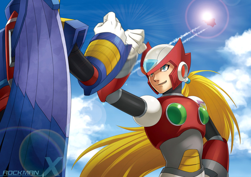 2boys aircraft airplane android armor back blonde_hair blue_eyes capcom cloud contrail copyright_name day fist_bump hand_on_own_hip helmet jet lens_flare long_hair low_ponytail male_focus mega_man_(series) mega_man_x_(series) multiple_boys outdoors ponytail robot sky smile storm_eagle_(mega_man) storm_eagle_(mega_man) sun very_long_hair wakky wings zero_(mega_man)