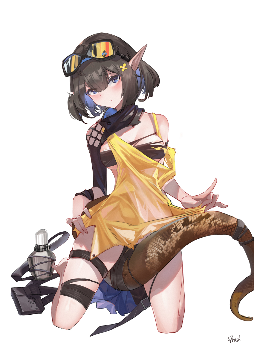 1girl absurdres anaconda arknights arm_strap bandeau bare_shoulders black_scarf blue_eyes blue_hair blue_hairband breasts breasts_apart breasts_out brown_hair cleavage clothes_lift dress eunectes_(arknights) flower full_body goggles goggles_on_head hair_between_eyes hair_flower hair_ornament hairband highres kneeling looking_at_viewer medium_breasts multicolored_hair pointy_ears scarf simple_background skirt skirt_lift snake_tail solo strapless strash tail thigh_strap torn_clothes torn_dress tsurime tube_top two-tone_hair white_background yellow_dress