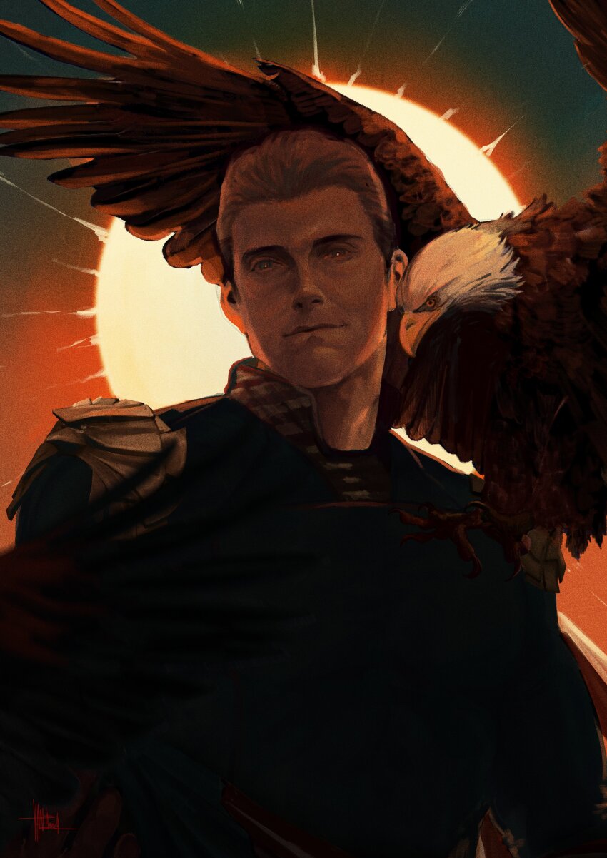 1boy absurdres bird closed_mouth commentary eagle english_commentary highres homelander looking_at_viewer male_focus muscular muscular_male outdoors pet solo sunset the_boys upper_body vanshoundd