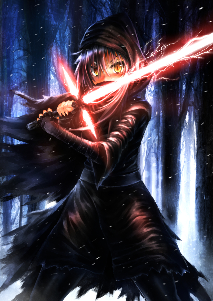 1girl absurdres bare_tree belt black_belt black_cape black_hair black_pantyhose cape cowboy_shot crossguard_lightsaber electricity elrem energy_sword female_focus fighting_stance fingerless_gloves fingernails forest genderswap genderswap_(mtf) gloves glowing glowing_sword glowing_weapon hair_between_eyes hands_up highres holding holding_sword holding_weapon hood kylo_ren legs_apart lightsaber long_hair looking_at_viewer mask mouth_mask nature outdoors pantyhose science_fiction sharp_fingernails slit_pupils snow snowing solo star_wars star_wars:_the_force_awakens sword torn_cape torn_clothes tree tunic two-handed weapon wind yellow_eyes