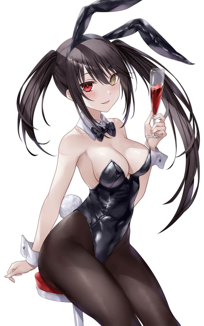1girl animal_ears asle black_hair black_leotard blush breasts cleavage clock_eyes date_a_live fake_animal_ears glass heterochromia highleg highleg_leotard highres holding holding_glass large_breasts leotard long_hair looking_at_viewer neckerchief pantyhose playboy_bunny rabbit_ears rabbit_tail red_eyes sidelocks sitting smile symbol-shaped_pupils thighs tokisaki_kurumi twintails wrist_cuffs yellow_eyes