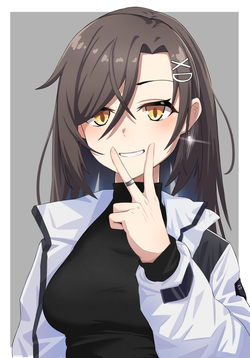 1girl absurdres black_hair breasts christina_brecht counter:side earrings hair_between_eyes hair_ornament hair_over_one_eye hairclip highres jacket jewelry long_hair looking_at_viewer open_clothes open_jacket open_mouth ring royalmonkey shirt smile solo upper_body v yellow_eyes