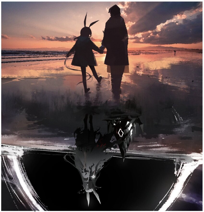 1other 2girls amiya_(arknights) amiya_(demon_king)_(arknights) animal_ears arknights backlighting beach cloud coat commentary day doctor_(arknights) english_commentary facing_away from_behind full_body hand_in_pocket highres holding_hands hood hood_up hooded_coat horizon long_hair long_sleeves multiple_girls outdoors scenery siguma_(13238772100) split_theme standing sunlight sunset walking walking_away