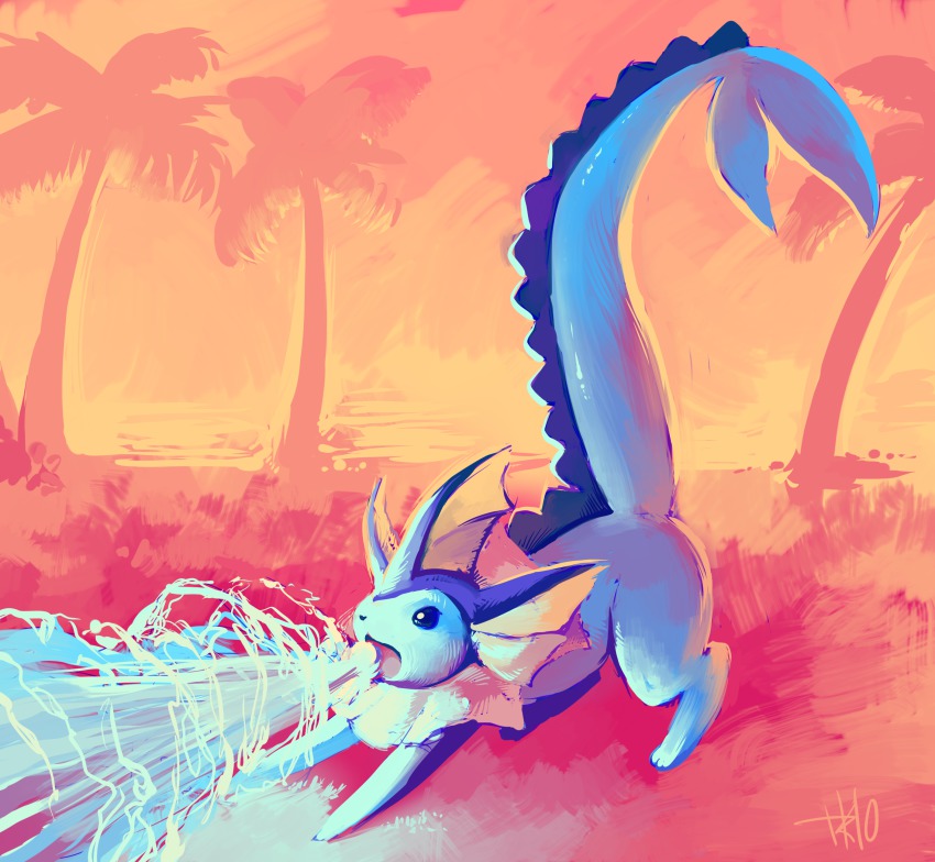 absurdres bad_deviantart_id bad_id beam blue_eyes blue_skin breath_weapon breathing_ice colored_skin creature full_body gen_1_pokemon glitchedpuppet highres ice nintendo no_humans orange_background palm_tree pokemon pokemon_(creature) pokemon_focus pokemon_move signature solo tree vaporeon