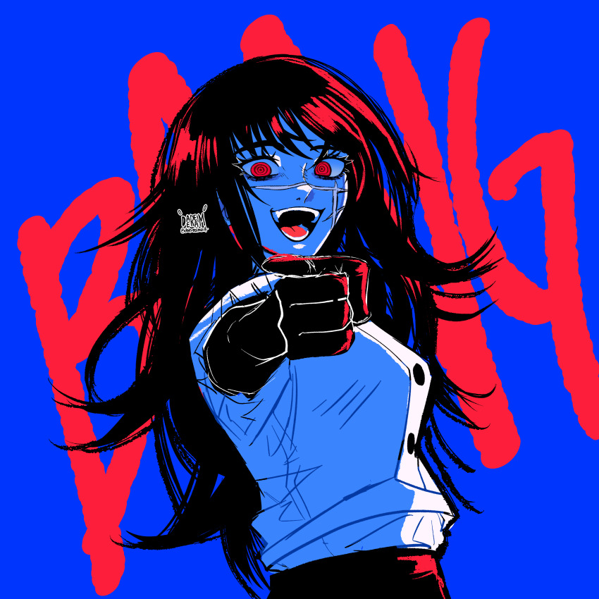 1girl :d absurdres black_hair black_pants chainsaw_man daeream facial_scar highres long_hair open_mouth pants pointing pointing_at_viewer red_eyes ringed_eyes scar scar_on_cheek scar_on_face shirt smile solo white_shirt yoru_(chainsaw_man)