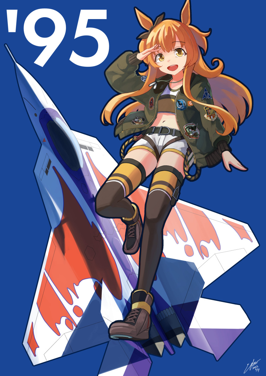 1girl absurdres ace_combat aircraft airplane animal_ears black_bow black_thighhighs bomber_jacket boots bow brown_boots dog_tags ear_bow f-22 f-22_raptor fighter_jet green_jacket highres horse_ears horse_girl jacket laminar_flow long_hair mayano_top_gun_(umamusume) midriff military military_vehicle navel open_mouth orange_hair salute shorts smile solo tank_top thighhighs umamusume white_shorts yellow_eyes