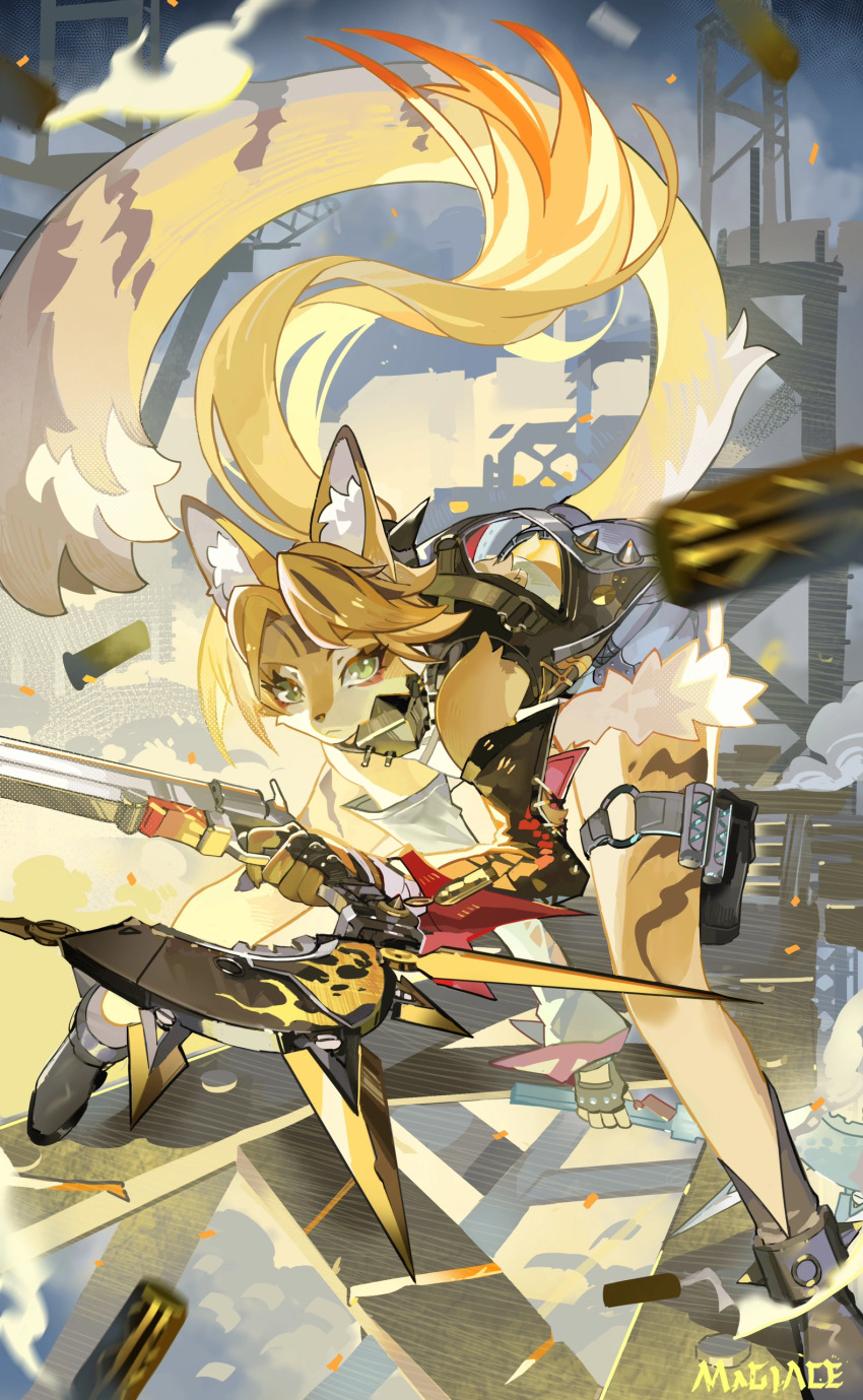 1girl :&lt; animal_ear_fluff animal_ears animal_nose artist_name bare_shoulders bent_over black_boots black_gloves black_sleeves black_vest blonde_hair blue_shorts blurry blurry_foreground body_fur boots brown_fur brown_hair cat_ears cat_girl cat_tail closed_mouth detached_sleeves dual_wielding expressionless eyeliner female_focus finger_on_trigger fingerless_gloves flame_print full_body fur-trimmed_shorts fur_trim furry furry_female gloves green_eyes gun handgun holding holding_gun holding_weapon leaning_forward legs_apart long_hair long_sleeves looking_at_viewer lossy-lossless magiace makeup multicolored_fur multicolored_hair ponytail pulchra_fellini red_eyeliner revolver shell_casing short_shorts shorts signature smoke snout solo spikes standing striped_fur tail thigh_strap two-tone_hair vest weapon white_fur yellow_fur zenless_zone_zero