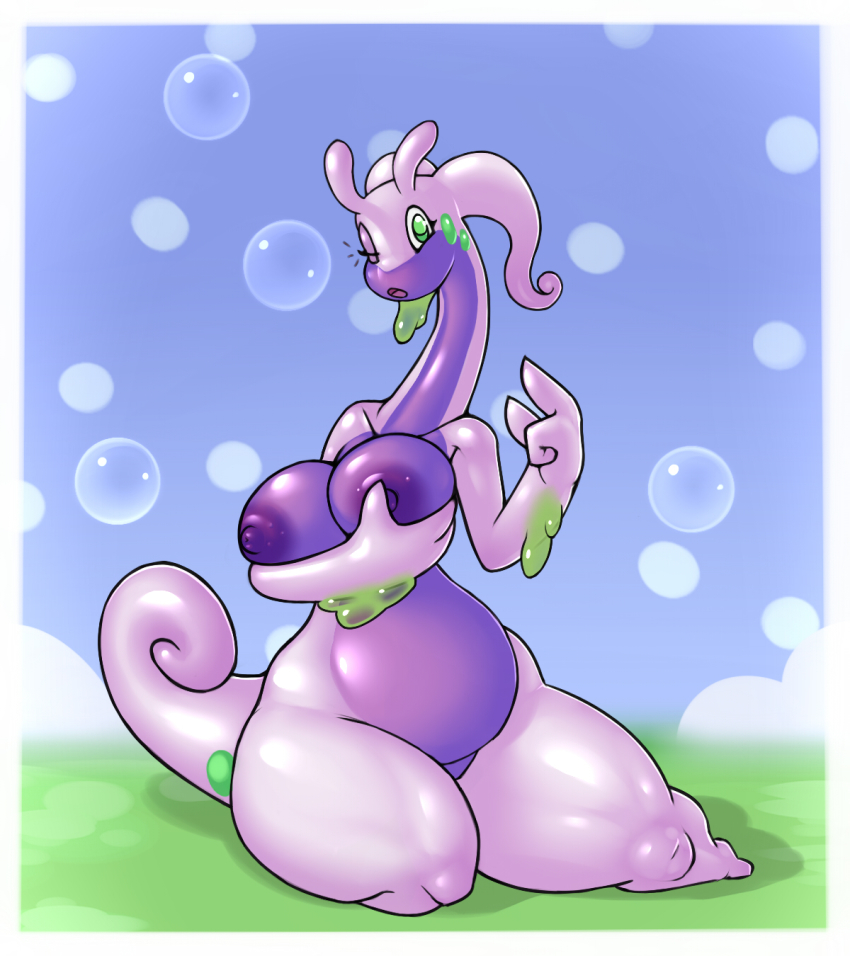 1girl antennae blue_background border breast_hold breasts bubble cloud collarbone dragon female_focus full_body furry furry_female gen_6_pokemon goodra green_eyes hands_up highres large_breasts looking_at_viewer nintendo nipples nude one_eye_closed open_mouth outdoors partially_visible_vulva pokemon pokemon-amie pokemon_(creature) pokemon_xy retro_parasite simple_background sitting sky solo tail thick_thighs thighs white_border wide_hips wink