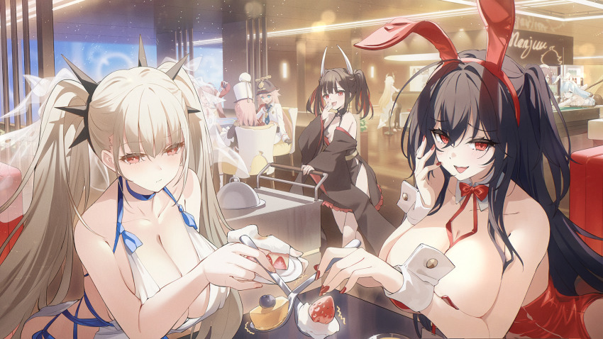 azur_lane bar_(place) black_hair blueberry breasts cake cake_slice cleavage cream food formidable_(anniversary_memories)_(azur_lane) formidable_(azur_lane) fruit fu_shun_(azur_lane) gallant_(azur_lane) game_cg hatsuzuki_(azur_lane) hatsuzuki_(luxurious_celebration_time)_(azur_lane) highres holding holding_food janus_(a_lesson_in_billiards)_(azur_lane) janus_(azur_lane) jervis_(azur_lane) large_breasts looking_at_viewer manjuu_(azur_lane) multiple_girls nail_polish non-web_source official_art pompeo_magno_(azur_lane) pov pudding red_hair red_nails smile strawberry taihou_(azur_lane) taihou_(fun_on_the_baize)_(azur_lane) twintails victorious_(azur_lane)