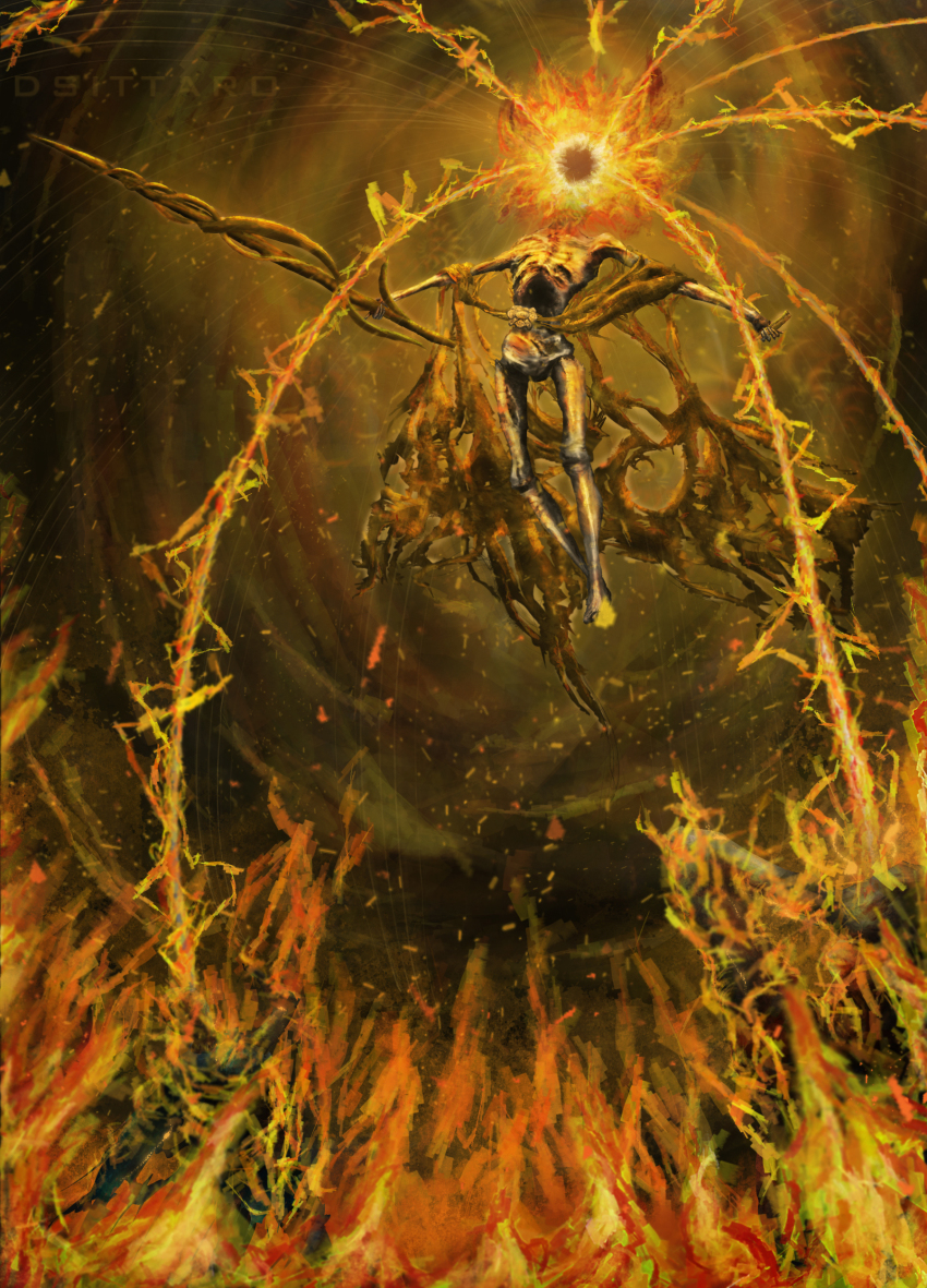 1boy absurdres brown_cloak casting_spell cloak dagger dsittaro elden_ring faceless faceless_male fire highres holding holding_dagger holding_knife holding_sword holding_weapon knife midra_lord_of_frenzied_flame solo sword torn_cloak torn_clothes weapon