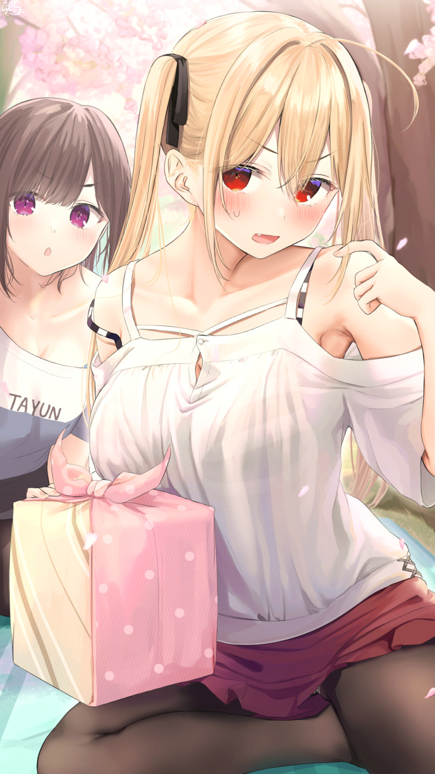 ! 2girls ahoge armpits bento black_pantyhose blonde_hair blonde_hair-chan_(ramchi) blush bra bra_visible_through_clothes breasts brown_hair childhood_friend-chan_(ramchi) collarbone furoshiki hand_up highres large_breasts long_hair multiple_girls original pantyhose purple_eyes ramchi red_eyes shirt short_hair sidelocks sitting strap_slip striped_bra striped_clothes swept_bangs twintails underwear white_shirt yokozuwari