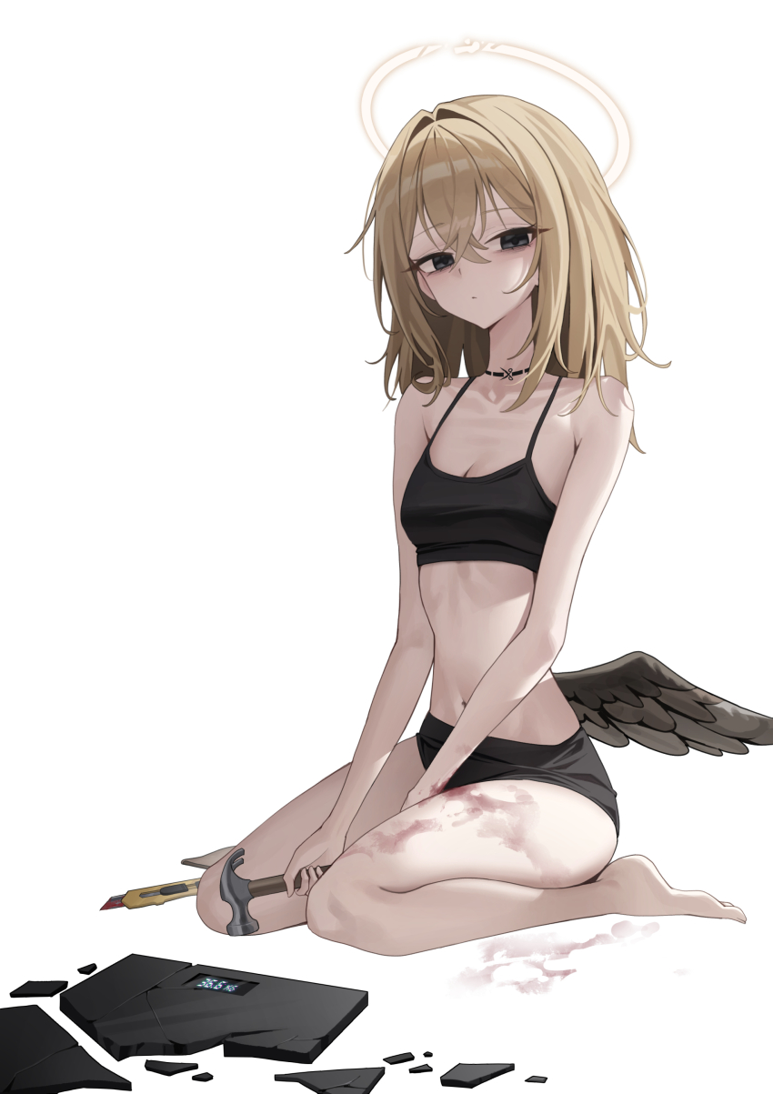 1girl absurdres bags_under_eyes black_camisole black_eyes blonde_hair blood breasts broken_halo camisole cut-here_line fallen_angel hair_between_eyes halo hammer highres kneeling long_hair looking_at_viewer low_wings mansu_(user_pnmp4287) medium_breasts navel neck_tattoo original single_wing solo tattoo traditional_halo weighing_scale white_background wings