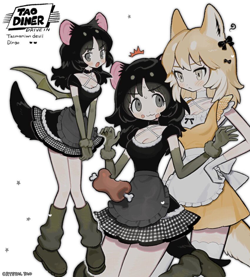 2girls animal_ears black_dress black_hair boned_meat commentary dingo dog_ears dog_girl dog_tail dress elbow_gloves english_text food gloves grey_eyes hand_on_own_hip highres leg_warmers long_hair meat multiple_girls multiple_views muted_color original pigeon-toed symbol-only_commentary tail taonoinu tasmanian_devil_ears tasmanian_devil_girl tasmanian_devil_tail white_background wings yellow_dress