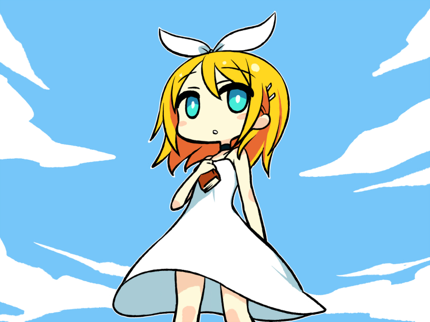 1girl :o aqua_eyes blonde_hair blush_stickers book chan_co cloud das_kapital day dress female_focus hair_ornament hair_ribbon hairclip kagamine_rin ribbon shakai_shugi_darling_(vocaloid) short_hair solo standing vocaloid