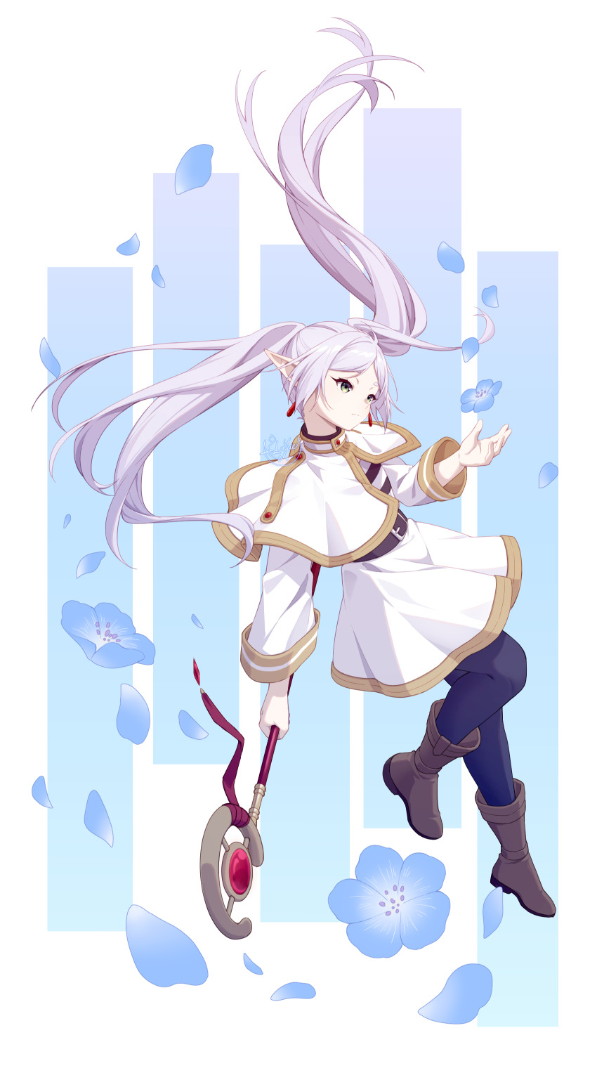 1girl absurdres belt black_belt black_pantyhose blue_background blue_flower boots brown_shoes capelet commentary_request elf flower frieren full_body green_eyes grey_hair highres holding holding_staff long_hair long_sleeves luyue pantyhose pointy_ears shirt shoes solo sousou_no_frieren staff standing striped_clothes striped_shirt twintails two-tone_background white_background white_capelet