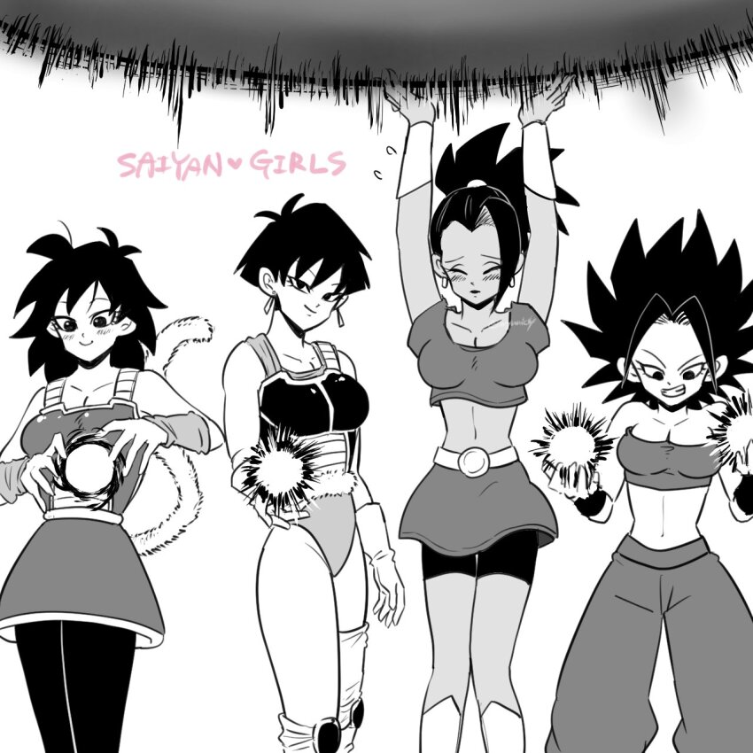 4girls antenna_hair belt blush boots breasts caulifla cleavage clenched_teeth closed_eyes collarbone dark_skin dragon_ball dragon_ball_minus dragon_ball_super dragon_ball_super_broly dragonball_z earrings energy_ball english_text gine greyscale high_ponytail highres ireba_sui jewelry kale_(dragon_ball) leggings looking_at_viewer looking_down monochrome multiple_girls nervous pants ponytail saiyan saiyan_armor seripa shirt short_hair simple_background skirt sleeveless sleeveless_shirt smile spiked_hair teeth white_background