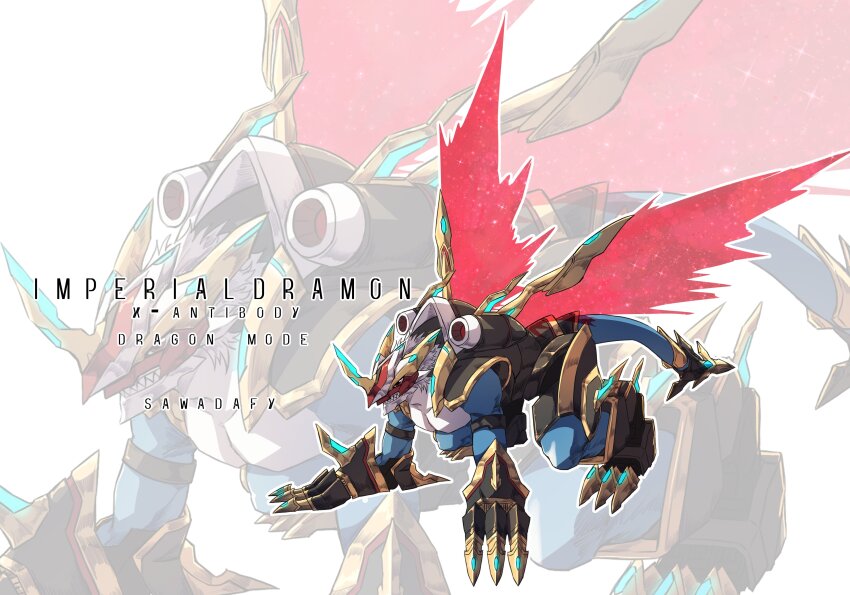 absurdres cannon claws digimon digimon_(creature) highres horns imperialdramon imperialdramon_dragon_mode oridigi original solo tail wings x-antibody