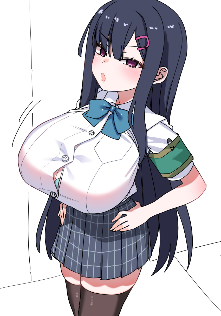 1girl :o absurdres akitokage armband black_hair black_thighhighs blue_bow blue_bowtie bow bowtie bra bra_peek breasts empty_eyes green_armband grey_skirt hair_ornament hairclip hands_on_own_hips highres huge_breasts large_breasts long_hair nozomi_(akitokage01) original plaid_clothes plaid_skirt purple_eyes safety_pin school_uniform shirt short_sleeves skirt solo thighhighs underwear white_shirt zettai_ryouiki