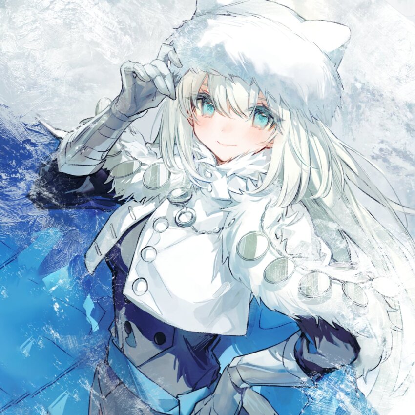 1girl animal_ears blue_eyes blue_ribbon blush breasts buttons cape capelet cat_ears cat_girl cat_tail chocoan crop_top crop_top_overhang dobrynya_nikitich_(fate) dobrynya_nikitich_(first_ascension)_(fate) dress fate/grand_order fate_(series) fur-trimmed_capelet fur-trimmed_headwear fur_trim gauntlets grey_dress hat highres long_hair long_sleeves looking_at_viewer low_ponytail medium_breasts ponytail ribbon short_dress smile solo tail white_cape white_capelet white_hair white_hat