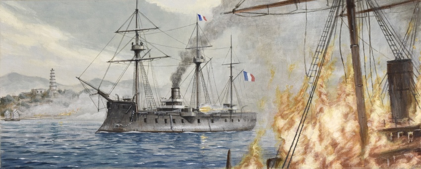 absurdres atelier_bono battle battle_of_fuzhou cannon china fire firing french_navy highres historical_event ironclad mast military_vehicle muzzle_flash naval_battle ocean original pagoda scenery ship shipwreck sino-french_war sky smoke traditional_media triomphante_(ironclad) war warship watercraft