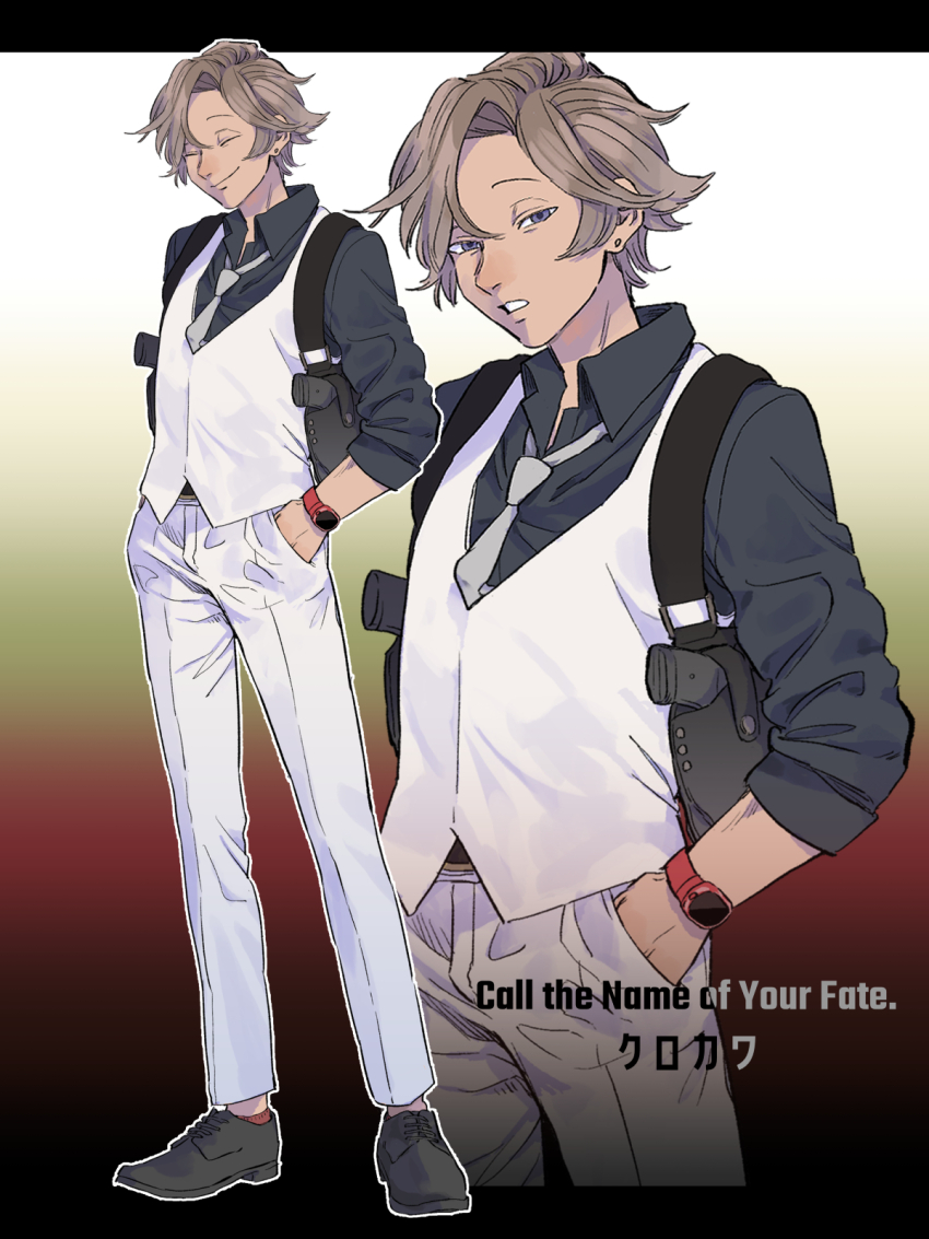 1boy ano_amesuke black_shoes blue_eyes brown_hair closed_eyes commentary earrings grey_neckerchief gun hand_in_pocket handgun highres holster jacket jewelry male_focus neckerchief original red_socks shoes shoulder_holster smartwatch socks stud_earrings translation_request vest watch weapon white_jacket white_vest wristwatch