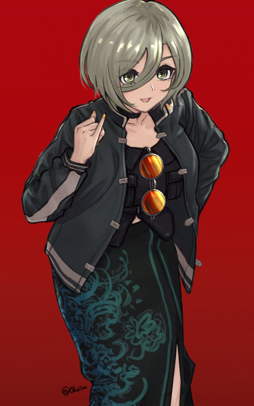 1girl absurdres black_choker black_jacket black_skirt brown_hair choker commentary eyewear_hang girls_band_cry gradient_background green_eyes hand_up highres jacket long_sleeves looking_at_viewer open_clothes open_jacket parted_lips pinky_out red_background rupa_(girls_band_cry) short_hair skirt smile solo sunglasses tomare_(akashingou) twitter_username unworn_eyewear yellow_nails
