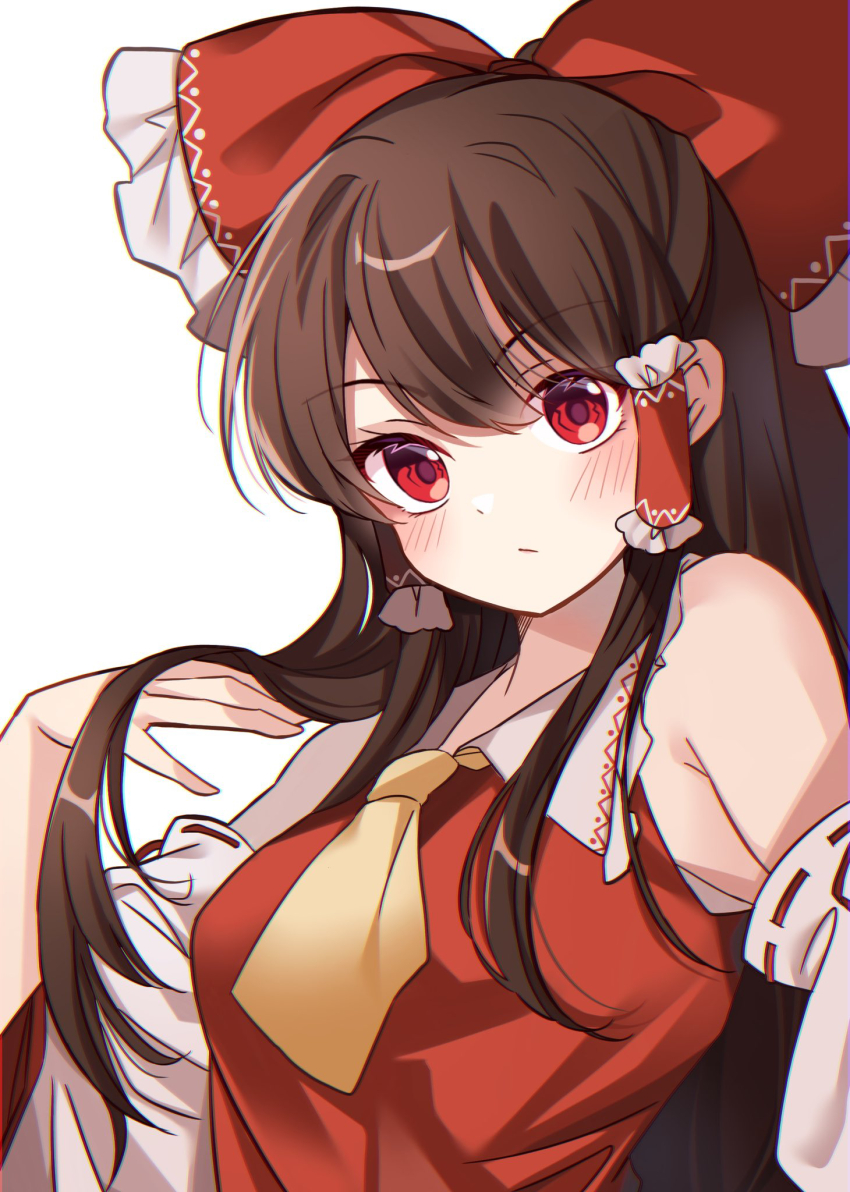1girl :/ armpit_crease ascot bare_shoulders blush bow breasts brown_hair closed_mouth commentary_request detached_sleeves frilled_bow frilled_hair_tubes frilled_shirt_collar frills hair_between_eyes hair_bow hair_flowing_over hair_tubes hakurei_reimu hand_up highres long_hair long_sleeves looking_at_viewer medium_breasts meimei_(meimei89008309) red_bow red_eyes ribbon-trimmed_sleeves ribbon_trim simple_background solo three-quarter_sleeves touhou upper_body very_long_hair white_background wide_sleeves yellow_ascot