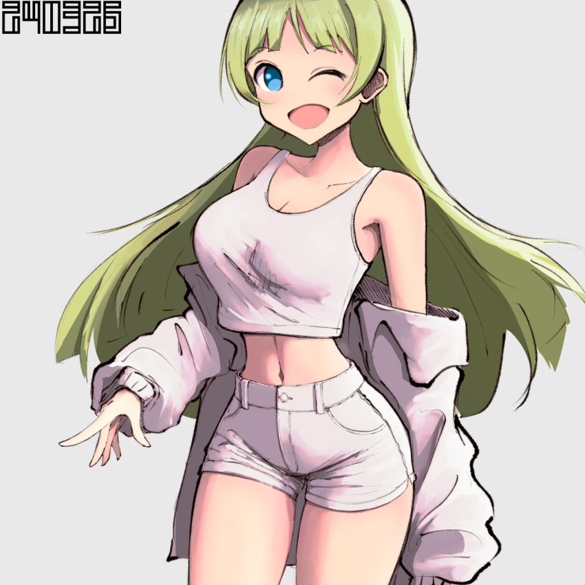 1girl ;d bare_shoulders blush breasts cleavage commentary_request crop_top dated green_hair highres idolmaster idolmaster_million_live! jacket jacket_partially_removed koitusmile large_breasts linea_alba long_hair looking_at_viewer navel one_eye_closed open_mouth shimabara_elena short_shorts shorts simple_background smile solo straight_hair tank_top thighs very_long_hair white_jacket white_shorts white_tank_top