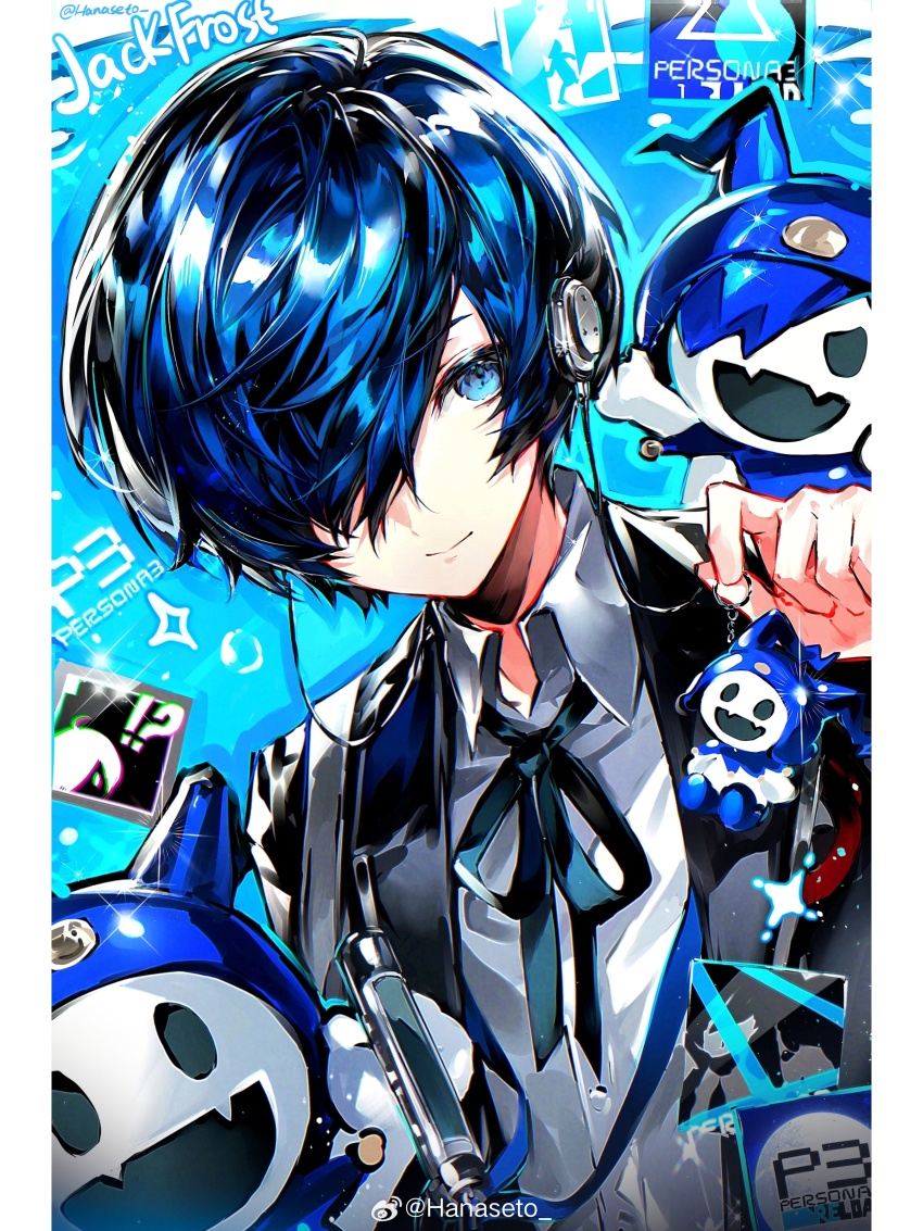 1boy absurdres black_jacket blue_background blue_eyes blue_hair character_charm charm_(object) chinese_commentary closed_mouth collared_shirt commentary_request copyright_name fangs gekkoukan_high_school_uniform hair_over_one_eye hanaseto headphones highres holding holding_charm jack_frost_(megami_tensei) jacket looking_at_viewer male_focus neck_ribbon persona persona_3 pillarboxed ribbon school_uniform shirt short_hair smile solo upper_body watermark weibo_watermark white_shirt yuuki_makoto_(persona_3)