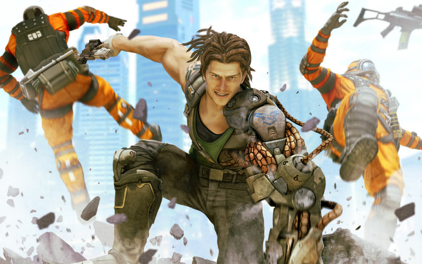 3d armor battle bionic_commando boots brown_hair capcom city cyborg gloves green_eyes gun dreadlocks handgun hazmat_suit highres nathan_spencer nbc_suit official_art pistol promotional_art realistic rifle rock ruins science_fiction soldier tank_top terrorist weapon