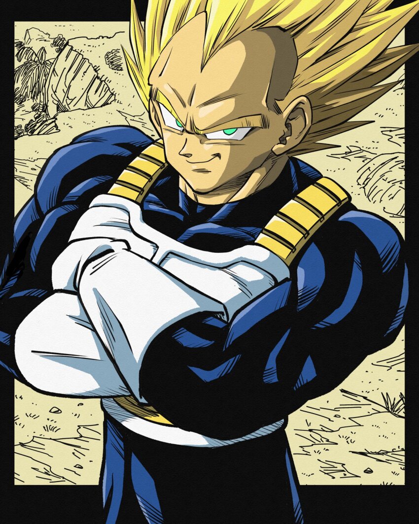 1boy armor black_border blonde_hair blue_bodysuit bodysuit border dragon_ball dragonball_z green_eyes highres lee_(dragon_garou) looking_at_viewer muscular muscular_male saiyan_armor smirk solo spiked_hair super_saiyan super_saiyan_1 upper_body vegeta white_armor
