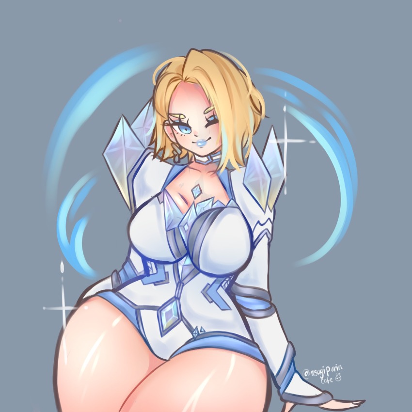 blue_lips choker corset diamond_(gemstone) emma_frost highres leotard lipstick makeup marvel marvel_rivals multicolored_leotard superhero_costume thick_thighs thighs usagipurincafe white_choker white_corset x-men x-men_(anime)