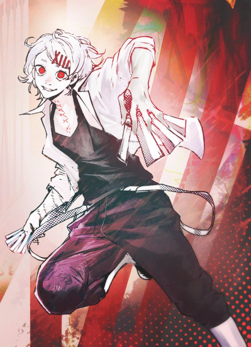 1boy ammenite between_fingers coat denim highres holding holding_knife jeans knife knives_between_fingers loose_pants multiple_knives overalls pants red_eyes smile stitched_face stitched_mouth stitched_neck stitches suzuya_juuzou tokyo_ghoul white_coat white_hair