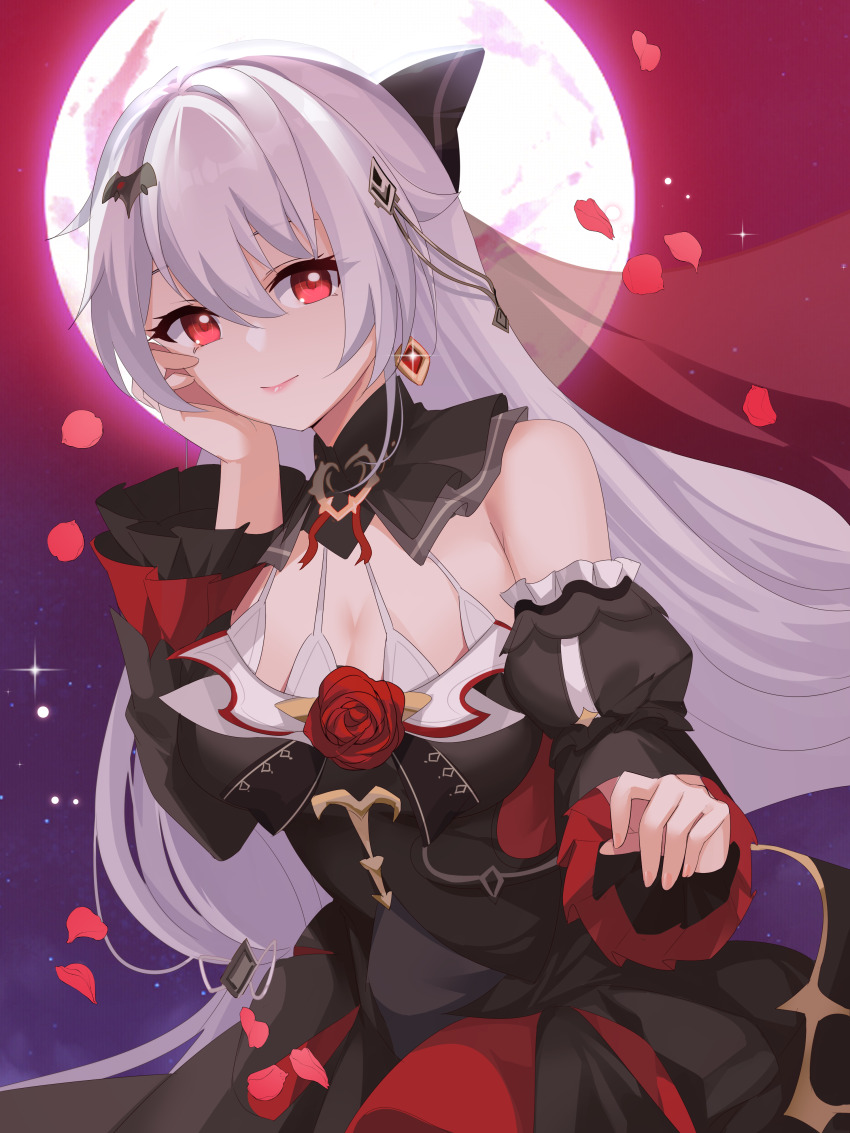 1girl absurdres bat_hair_ornament black_dress breasts commentary_request dress falling_petals full_body hair_ornament highres honkai_(series) honkai_impact_3rd large_breasts lingshalan long_hair looking_at_viewer night night_sky petals pointy_ears red_eyes red_sky sky smile solo theresa_apocalypse theresa_apocalypse_(luna_kindred) theresa_apocalypse_(lunar_vow:_crimson_love) very_long_hair white_hair