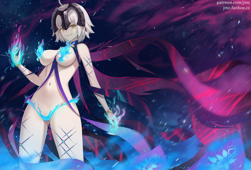 1girl blue_fire body_markings breasts cosplay earrings fate/grand_order fate_(series) finger_heart fire flower headpiece jeanne_d&#039;arc_alter_(avenger)_(fate) jeanne_d&#039;arc_alter_(fate) jewelry joko_jmc kama_(fate) kama_(fate)_(cosplay) kama_(swimsuit_avenger)_(third_ascension)_(fate) large_breasts looking_at_viewer lotus medium_hair navel revealing_clothes smile solo star_(symbol) star_earrings teeth white_hair yellow_eyes