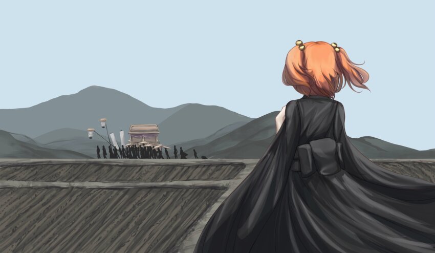 1girl bell black_kimono dress funeral funeral_dress funeral_kimono hair_bell hair_ornament hat highres japanese_clothes kimono lantern litter_(vehicle) motoori_kosuzu mountain obi orange_hair paper_lantern sash short_hair straw_hat there2007 touhou twintails