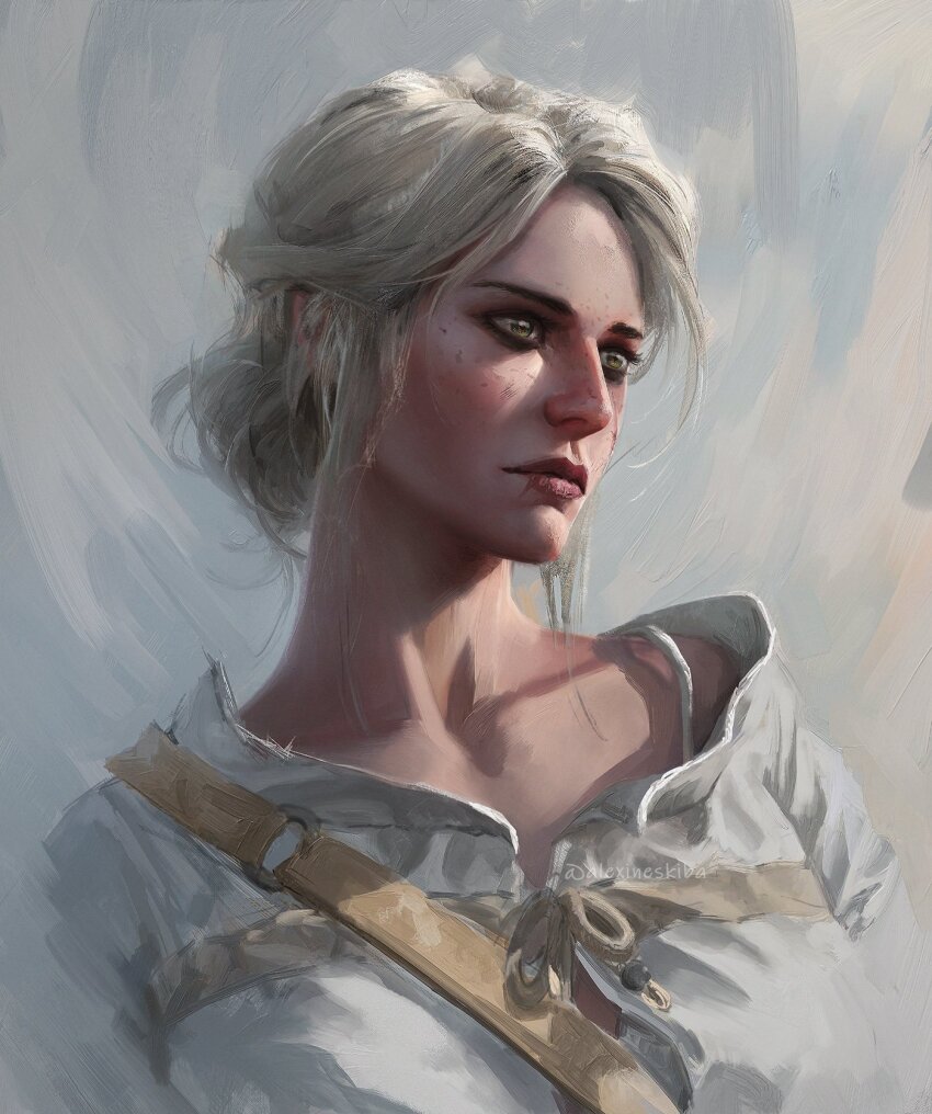 1girl aleksandra_skiba artist_name belt ciri green_eyes highres looking_to_the_side portrait shirt short_hair shoulder_belt solo the_witcher_(series) the_witcher_3 updo white_belt white_hair white_shirt