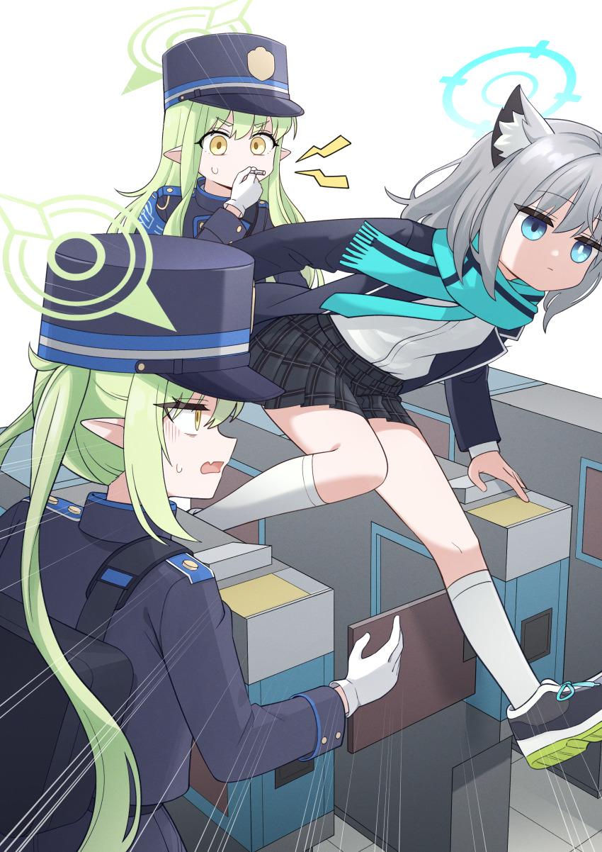 3girls absurdres animal_ear_fluff animal_ears black_footwear black_hat black_jacket black_skirt blazer blue_archive blue_eyes blue_halo blue_scarf breasts closed_mouth emphasis_lines extra_ears fang fare_gate gloves golmonggu green_hair green_halo grey_hair halo hat hikari_(blue_archive) nozomi_(blue_archive) highres jacket long_hair medium_breasts mismatched_pupils multiple_girls open_clothes open_jacket open_mouth peaked_cap pleated_skirt pointy_ears scarf shiroko_(blue_archive) shirt shoes sidelocks simple_background skin_fang skirt twintails white_background white_gloves white_shirt wolf_ears yellow_eyes
