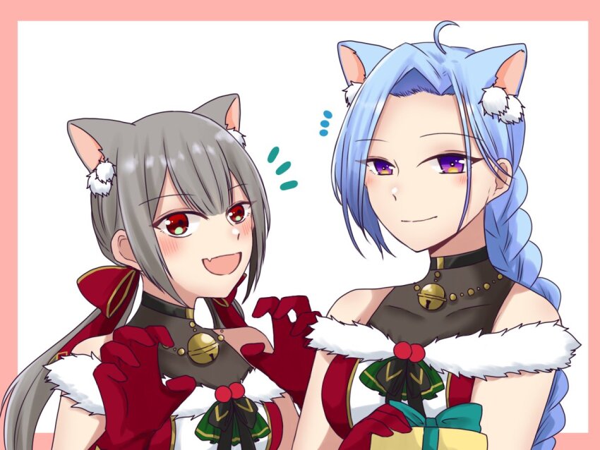 2girls :d adapted_costume ahoge animal_ears ascot assault_lily bare_shoulders bell black_ribbon blue_hair blush border bow box braid braided_ponytail breasts cat_ears claw_pose closed_mouth collarbone commentary extra_ears fang fujita_asagao fur-trimmed_gloves fur-trimmed_shirt fur_trim gift gift_box gloves green_ascot grey_hair hair_bow hair_ornament hand_up hands_up holding holding_gift igusa_subaru jewelry jingle_bell kemonomimi_mode looking_at_viewer low_ponytail low_twintails medium_breasts multiple_girls neck_bell necklace nigari_(ngari_0115) notice_lines open_mouth outside_border parted_bangs pink_border pom_pom_(clothes) pom_pom_hair_ornament ponytail purple_eyes red_bow red_eyes red_gloves red_shirt ribbon santa_costume shirt side-by-side simple_background single_braid skin_fang sleeveless sleeveless_shirt smile symbol-only_commentary twintails upper_body white_background