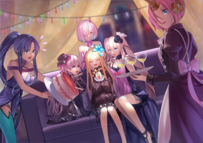 10s 6+girls :d ^_^ abigail_williams_(fate) alternate_costume apron black_bow black_dress black_gloves blonde_hair bloomers blue_dress blue_eyes blue_flower blue_hair blurry blurry_background bow bug butterfly cake candle christmas_lights closed_eyes couch cup depth_of_field doll_joints dress drink drinking_glass dutch_angle elbow_gloves enmaided fate/apocrypha fate/extra fate/grand_order fate/stay_night fate_(series) flower food forehead frankenstein&#039;s_monster_(fate) frilled_apron frills gloves hair_bow hair_flower hair_ornament hair_over_one_eye hands_up high_ponytail highres holding holding_tray horns insect joints juliet_sleeves kneeling long_hair long_sleeves maid maid_apron marie_antoinette_(fate) marie_antoinette_(formal_dress)_(fate) mash_kyrielight medea_(fate) medea_lily_(fate) multiple_girls no_headwear nursery_rhyme_(fate) official_alternate_costume on_couch open_mouth orange_bow own_hands_together parted_bangs pointy_ears polka_dot polka_dot_bow ponytail puffy_sleeves purple_eyes qiongsheng silver_hair single_horn sitting sleeves_past_wrists smile tray twintails underwear very_long_hair white_apron white_bloomers