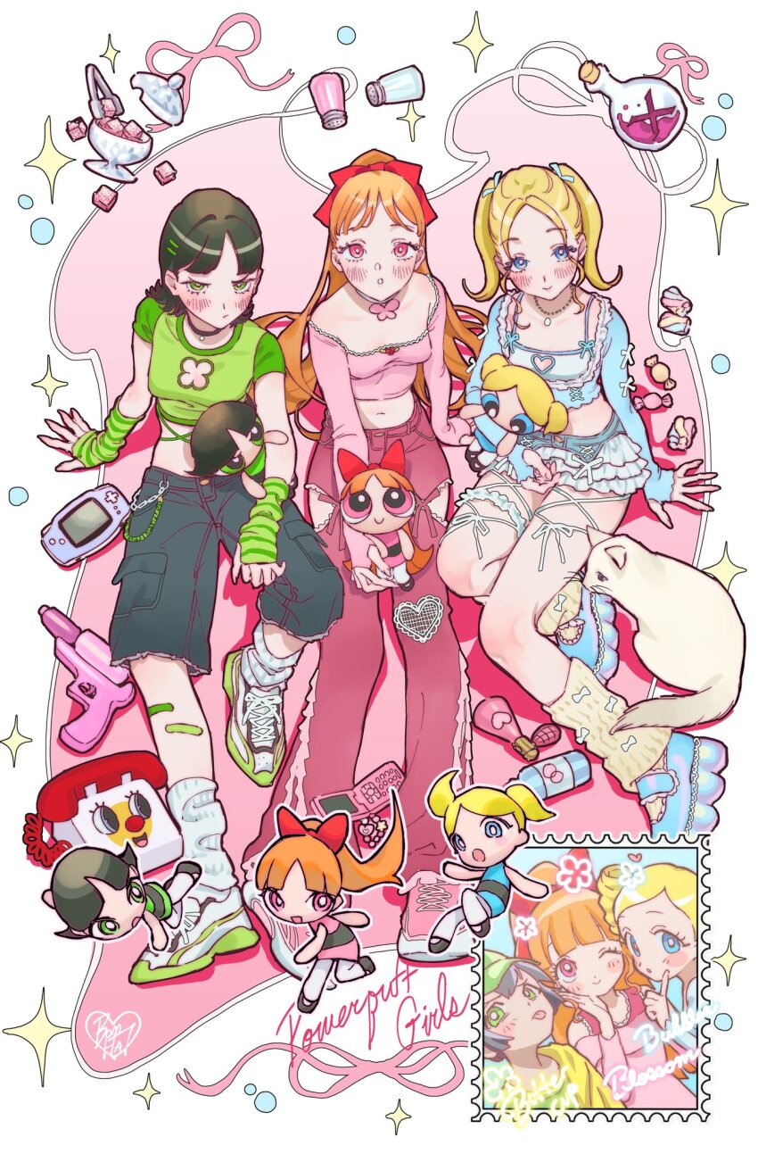 3girls :o bandaid bandaid_on_leg black_hair black_pants blonde_hair blossom_(ppg) blue_eyes blue_shirt blue_shoes bomhat bow bubbles_(ppg) buttercup_(ppg) candy capri_pants cat character_doll character_name closed_mouth commentary copyright_name corded_phone crop_top doll food frilled_skirt frills frown full_body green_arm_warmers green_eyes green_shirt hair_bow hair_ornament hairclip highres holding holding_doll index_finger_raised leg_warmers long_hair long_sleeves miniskirt multiple_girls navel pants pepper_shaker phone pink_eyes pink_pants pink_shirt pink_shoes ponytail powerpuff_girls red_bow red_hair salt_shaker shirt shoes short_hair short_twintails sitting skirt smile twintails white_shoes yellow_leg_warmers