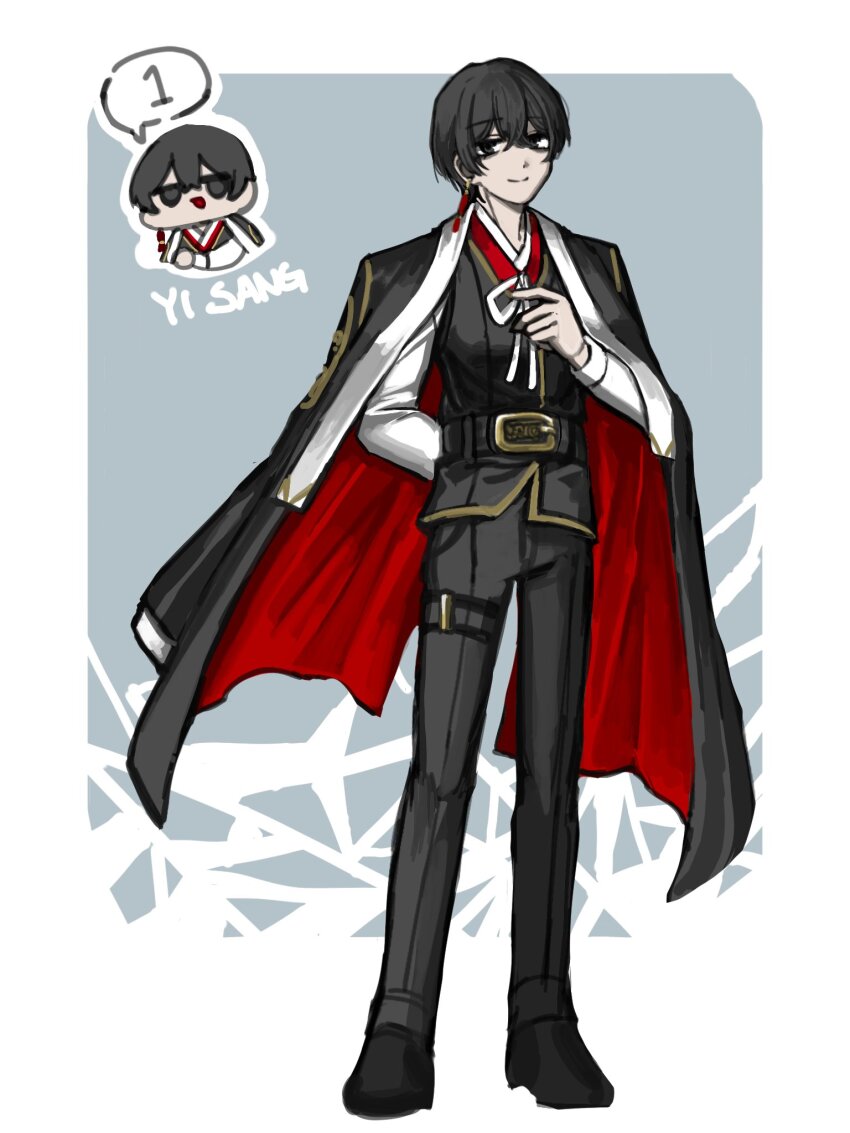 1boy alternate_costume black_coat black_eyes black_hair black_pants black_shoes black_vest border character_name closed_mouth coat coat_on_shoulders earrings full_body grey_background highres jewelry limbus_company long_sleeves looking_at_viewer male_focus nra_3614 pants project_moon ribbon shirt shoes short_hair simple_background single_earring smile solo standing vest white_border white_ribbon white_shirt yi_sang_(project_moon)