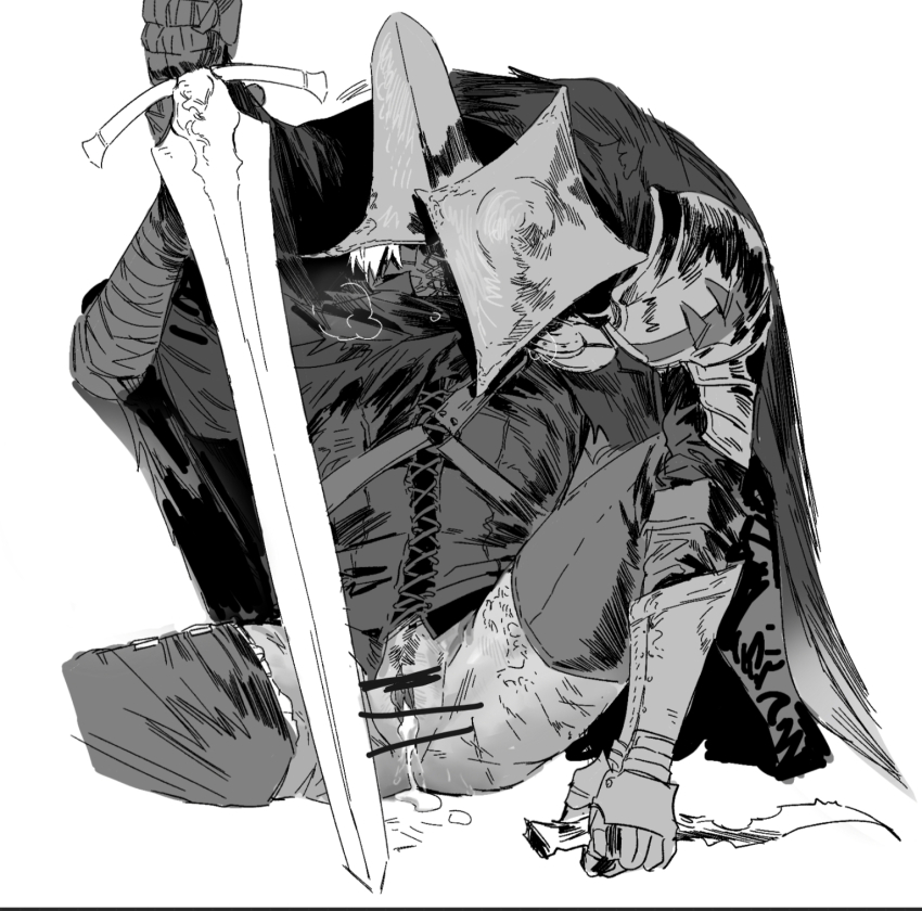 192_saioma 1boy 1girl abyss_watcher after_vaginal aftersex armor armored_boots bar_censor boots censored commentary cum cum_in_pussy dagger dark_souls_(series) dark_souls_iii female_pubic_hair foot_out_of_frame gauntlets hetero highres holding holding_dagger holding_knife holding_sword holding_weapon knife pauldrons pointy_hat pubic_hair pussy short_hair shoulder_armor simple_background sword thighhighs vest weapon