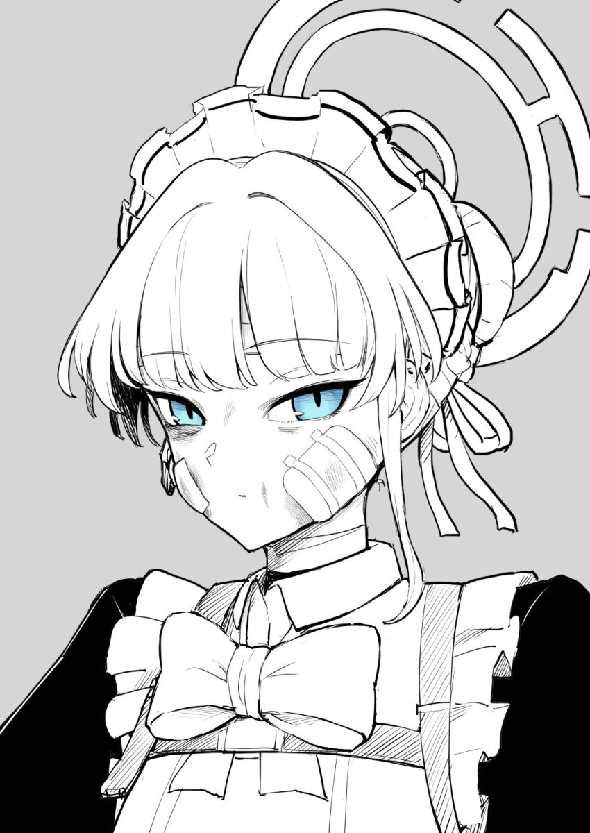 1girl bandage_on_face bandages blue_archive blue_eyes bow bowtie bruise bruise_on_face closed_mouth commentary_request eo_masaka grey_background greyscale hair_ribbon halo highres injury looking_at_viewer maid_headdress monochrome ribbon short_hair simple_background solo spot_color toki_(blue_archive) upper_body