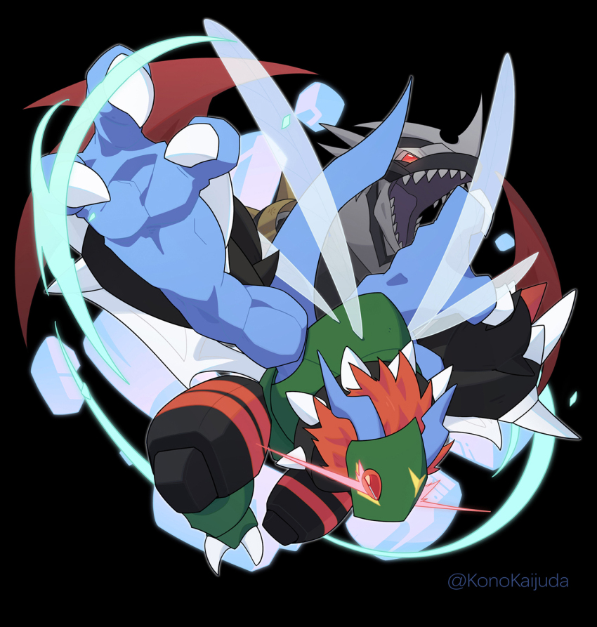 armor claws digimon digimon_(creature) dinobeemon highres imperialdramon imperialdramon_dragon_mode_(black) red_eyes sharp_teeth teeth wings