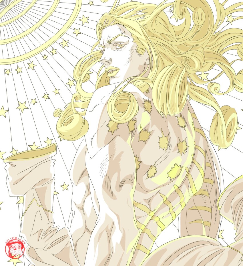 absurdres american_flag american_flag_print araki_hirohiko_(style) coat cropped_torso curly_hair flag_print from_behind funny_valentine grandguerrilla highres jojo_no_kimyou_na_bouken limited_palette long_hair looking_at_viewer male_focus monochrome parted_lips scar scar_on_back solo_focus steel_ball_run three_quarter_view topless_male unworn_coat